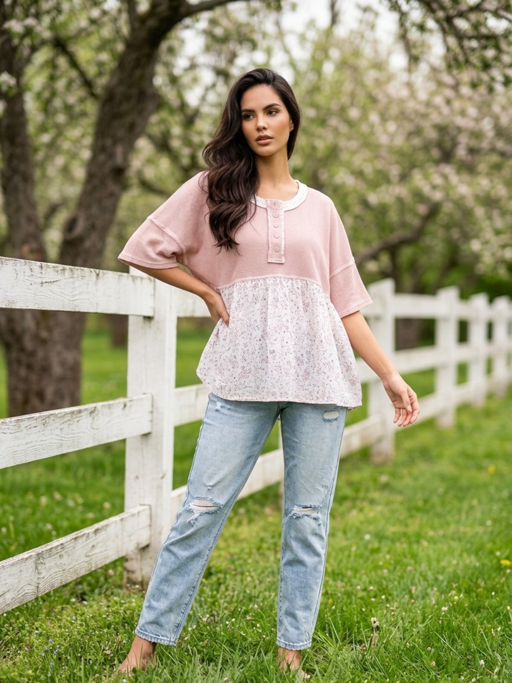 Waffle Knit Pink Mixed-Print Peplum Top - Picture 6 of 12